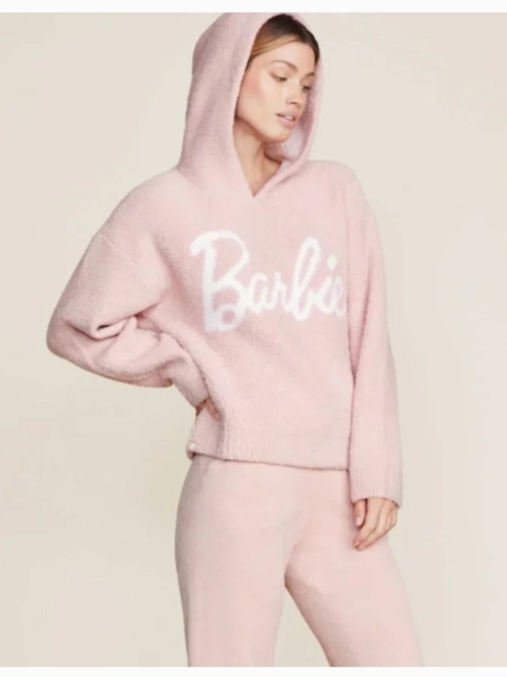 Barefoot Dreams Pink Hooded Fuzzy Sweater with White Barbie Logo